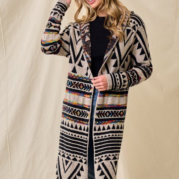 new ON BLUE SWEATER CARDIGAN WRAP boho western AZTEC TRIBAL TAUPE jacquard SM-3X - Picture 5 of 12